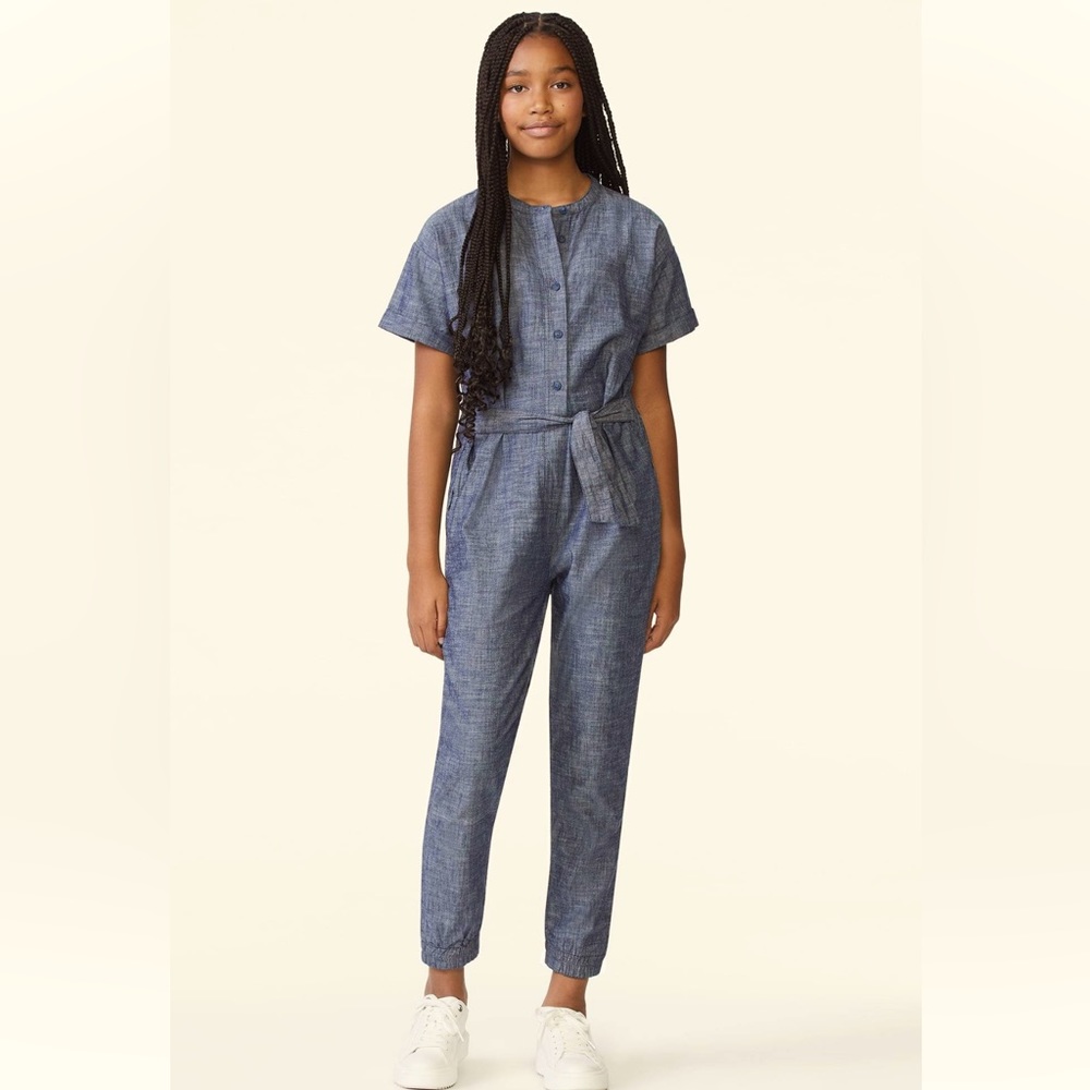 Free Assembly Girls Blue Denim Jean Jumpsuit one piece outfit w/ Belt Size Med